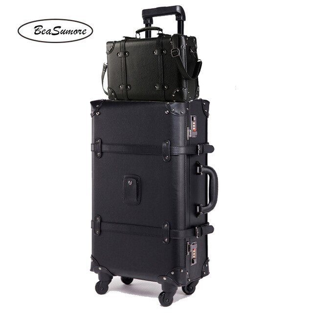 BeaSumore Retro PU Leather Rolling Luggage Sets